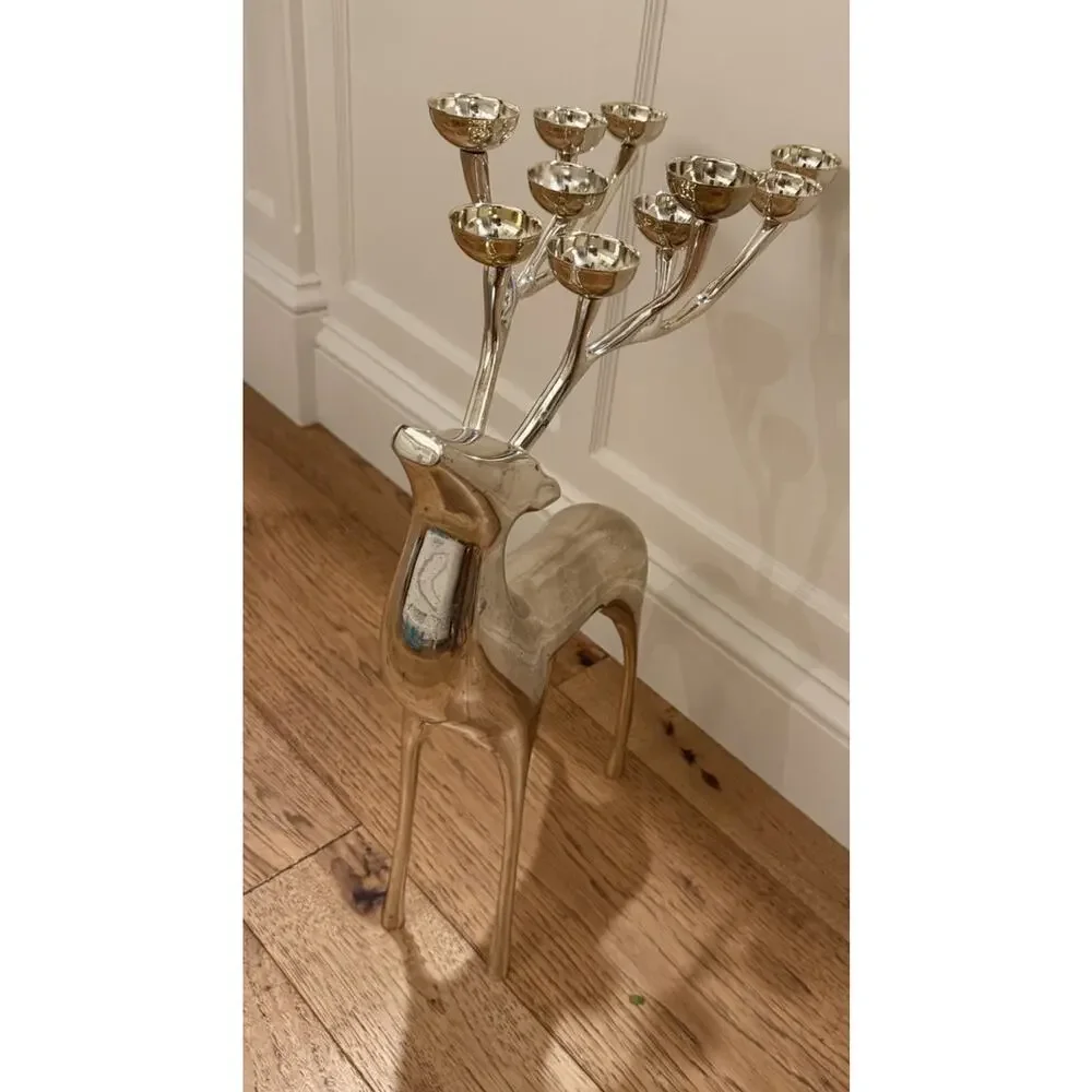 Large Silver Plate Pottery Barn Reindeer Candelabra 10 Points Stands 20